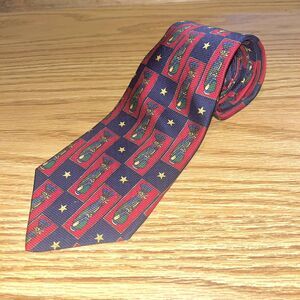 Tommy Hilfiger Blue Red Geometric Gold Star Golf Bag Tie Italy Silk 57” L 4” W
